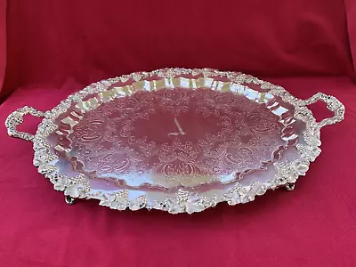 E G Webster & Son Grape Repousse Silver Plated Handled Tea Tray /Platter 1910 Lg • $200