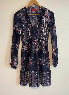 Tigerlily Navy Blue Paisley V-neck Boho Summer Long Sleeve Mini Dress Size XS/ 6 • $39.95