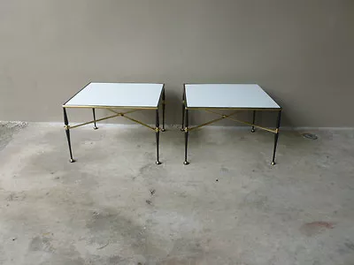 Pair Mid Century French Iron & Brass End Tables W Milk Glass Tops Maison Jansen • $3800