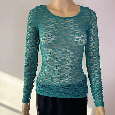 I LOVE H81 Teal Lace Mesh Top Sheer Stretch Blue Shirt Goth Grunge 90s Tee Y2K M • $23