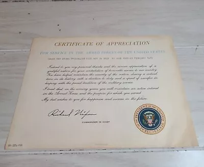 Certificate Of Appreciation For Services In The Armed Forces 1970 • $29.99
