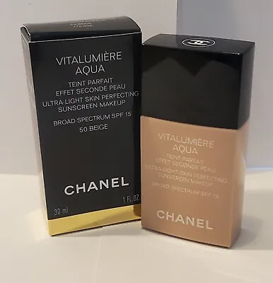 Chanel VITALUMIERE AQUA 1oz Skin Perfecting Suncreen SPF15~Beige50 ~New Open Box • $54.99