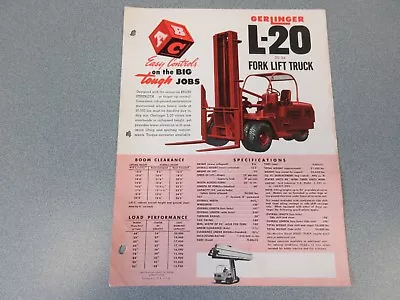 Old 1956 Gerlinger L-20 Forklift Sales Sheet 20000 Pound Pallet Truck • $40