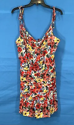 Nwt &MERCI COLORFUL Floral TWILL Tie Straps KEYHOLE Zip-Back RUCHED Sundress L • £14.01