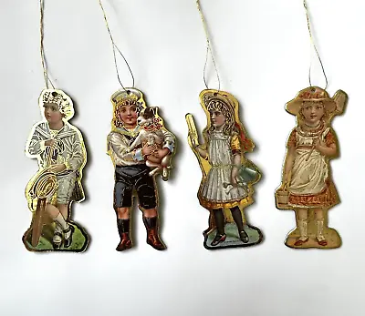 4 Vtg Reproduction Victorian Boys & Girls Christmas Ornaments Die Cut Gold Edge • $8
