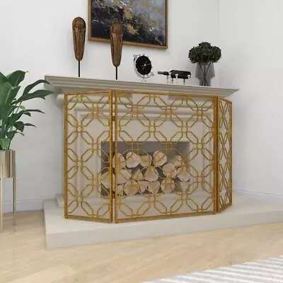 Litton Lane Fireplace Screen 3-Panel Geometric Foldable Mesh Netting Gold Metal • $81.66