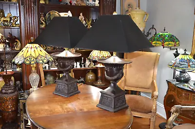 Pair Vintage Maitland Smith Large Bronze Urn Garland Table Lamps No Shades • $1800