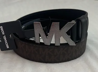 NWT Michael Kors Men Gun Metal Tone MK Logo Buckle  Brown Monogram Belt Size 38 • $36.99