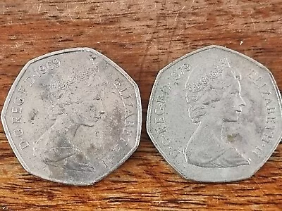 Set 2 Large Old Style Fifty Pence 50p Coins  Britannia 1969 1979 • £4.99