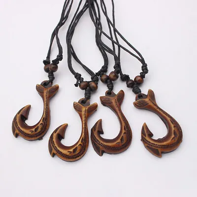 12Pcs Brown Faux Yak Bone Maori Fish Hook Amulet Pendant Necklace Adjustable • $11.99