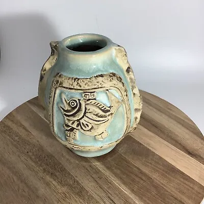 Art Pottery Vessel Vase Turquoise With Fish 4.5” • $20