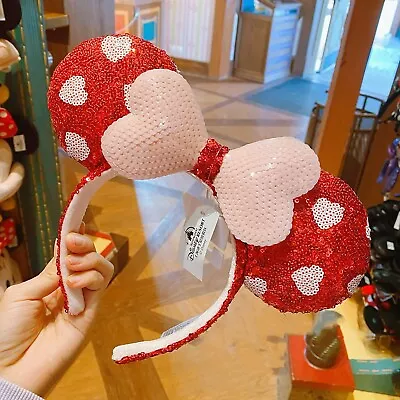 Authentic Disney 2021 Minnie Mouse Ear Headband Red Heart Sequined Bow • $27.52