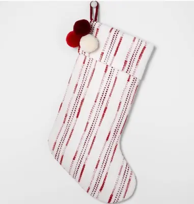 Hearth & Hand Magnolia Christmas Stocking Red & Cream Stripe With Poms Farmhouse • $21.95