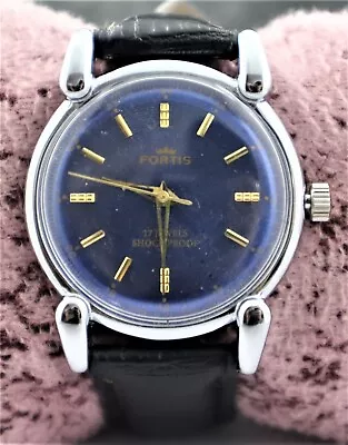 Vintage FORTIS Men Hand Winding 17 J Blue Dial Leather Band Swiss Made Watch • $24.99