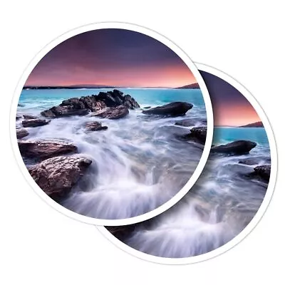 £2.99 • Buy 2x Vinyl Stickers Sunset Rocky Beach Scene Sea Waves #52193
