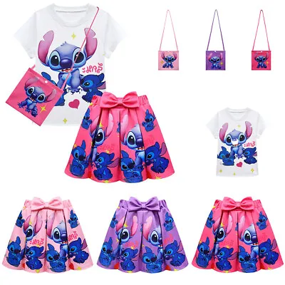 Kid Girls Lilo Stitch Costume T-Shirt Top Pleated Skirt Outfit Party Fancy Dress • £5.99