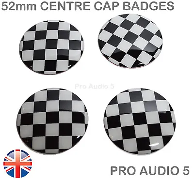 Fits Mini - 4x Chequered Wheel Centre Cap Badges 52mm Black & White Flag - UK - • £9.99