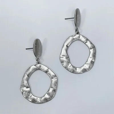 Boho Matte Silver Colored Metal Hammered Circle Shape Drop Dangle Post Earrings • $7.79