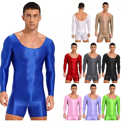 Mens Stretchy Long Sleeve Bodysuit Leotard Oil Glossy Unitard Swimsuit Underwear • £7.80