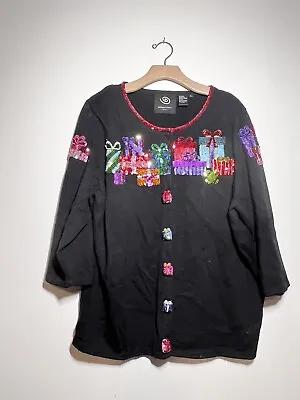 Michael Simon Event Beaded Sequin Holiday Present Cardigan Sweater 1X MUST SEE • $69.99