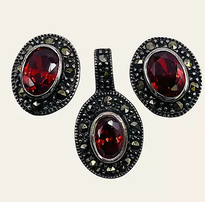 Vintage 925 Sterling Silver Marcasite Red Cubic Zirconia Earrings & Pendant Set • $75.99