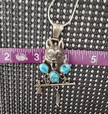 Fantastic Wolf Pendant 3 Stone Turquoise By Running Bear 1 Oz Silver 20in Chain  • $145