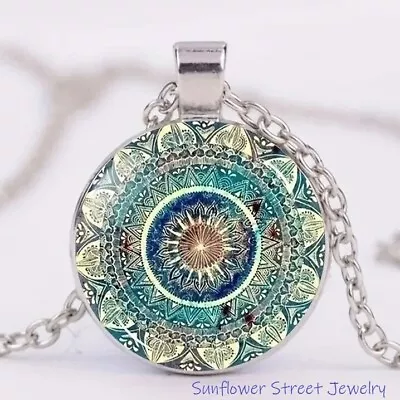 Aqua Mandala Necklace Silver Glass Dome Cabochon Art Print Faux Stained Glass • $14.98