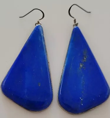 Vintage Old STOCK Navajo HUGE SLAB STERLING & LAPIS LAZULI Drop Dangle Earrings • $43