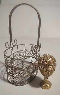 Vintage Brass Jewelry Box Jeweled Egg Trinket Box Matching Basket EASTER • $12
