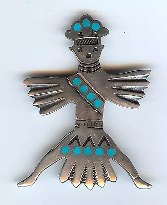 Vintage Zuni Indian Silver & Inlaid Turquoise Knifewing Man Pin Brooch • $350