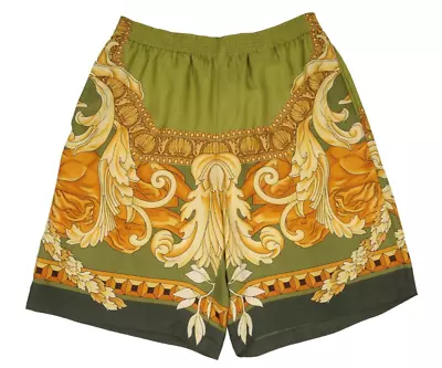 Versace Mens Baroque Shorts 48 Med Green Yellow Silk College Fit Stretch Waist • $294.99