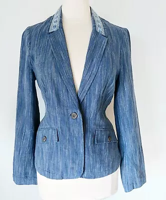 Anthropologie Cartonnier Womens 8 Blue Blazer Jacket One Button Embroidered  • $29.95