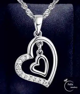 £3.49 • Buy Double Heart Pendant 925 Sterling Silver Necklace Chain Women's Jewellery Gifts