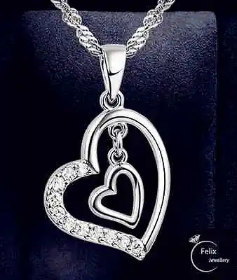 Double Heart Pendant 925 Sterling Silver Necklace Chain Women's Jewellery Gifts • £3.49