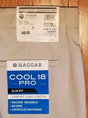 HAGGAR Cool 18 Pro Slim Fit Flat Stretch Khaki Pants 30 X 32 Grip Flex Waist NWT • $18.88