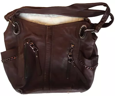 B Makowsky Brown LARGE Leather HOBO BAG W/Chain Detail DOUBLE STRAP • $29.95