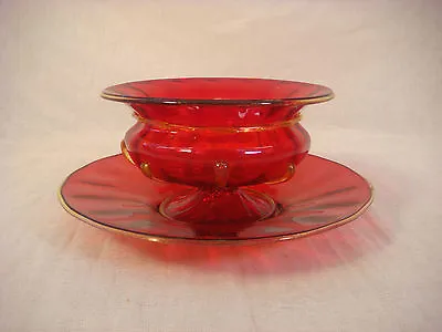 Venetian Glass Fruit Bowl And Saucer Red Gold Antique Footed Glass Hand Blown • $99.98