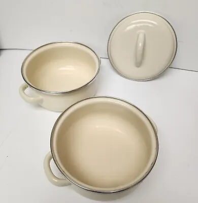 2 MEGAWARE Small White Enamel 0.5 Qt. Pot W/1 Lid Made In Spain Cookware 4.5  • $19.91