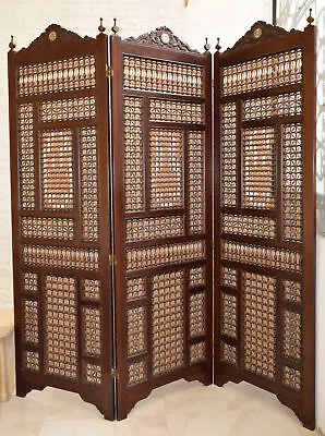 3 Panels Mashrabiya Carved Wood Latticework Screen Room Divider Folding Screen • $2200