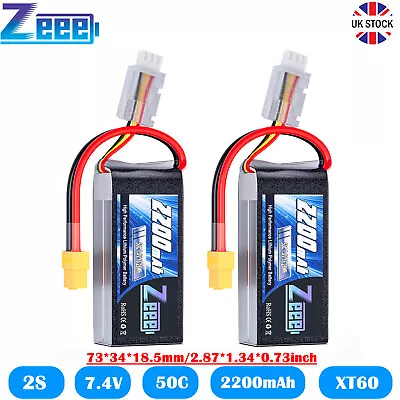 2x Zeee Short 2S Lipo Battery 7.4V 2200mAh XT60 50C For Car Drone FPV Helicopter • £31.99