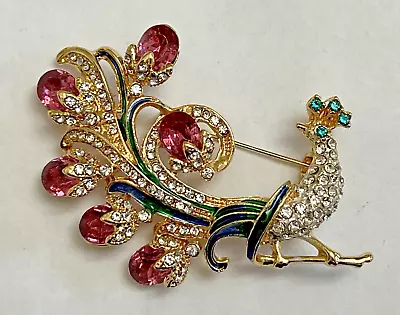 Peacock Bird Crystal Rhinestone Brooch Pin Vintage Green Enamel Pink Clear Glass • $11.69