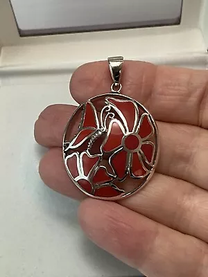 Vintage Butterfly Flower Red Enamel Sterling Silver Necklace Pendant 10.71gm • $25