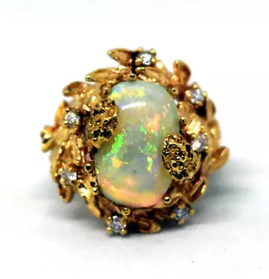 Stunning Vintage 14K Yellow Gold Natural Opal And Diamond Ring Size 6 • $1350