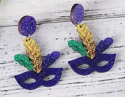 Feather Mask Style Earrings Mardi Gras Style Acrylic Jewelry • $9.95