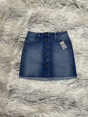 Mavi Jeans Co. Button Front A-Line Denim Stretch Mini Skirt Women Sm Raw Hem NWT • $24