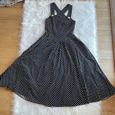 Geary Roark Kamisato Pinup Dress Size 14 80s Vintage Black Polka Dot Rockabilly • $74.95