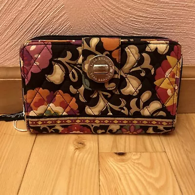 Vera Bradley Turn Lock Wallet Zip Around Suzani Black Clementine • $15