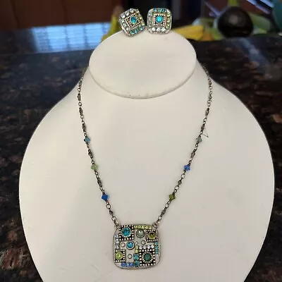 Michal Golan Vintage Blue Turquoise Crystals Necklace And Earrings 14” L  + 3” • $89.99