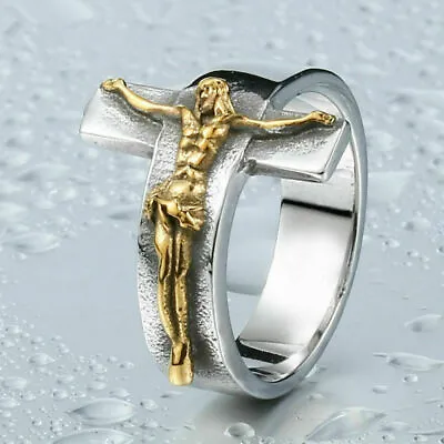 Ring Steel Jesus Men Cross Jewelry Crucifixion For Religious Stainless God Lord • £3.78