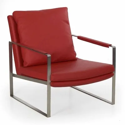 Modern Brushed Steel & Red Faux-Leather Cube Lounge Chair 20th Century  • $1200